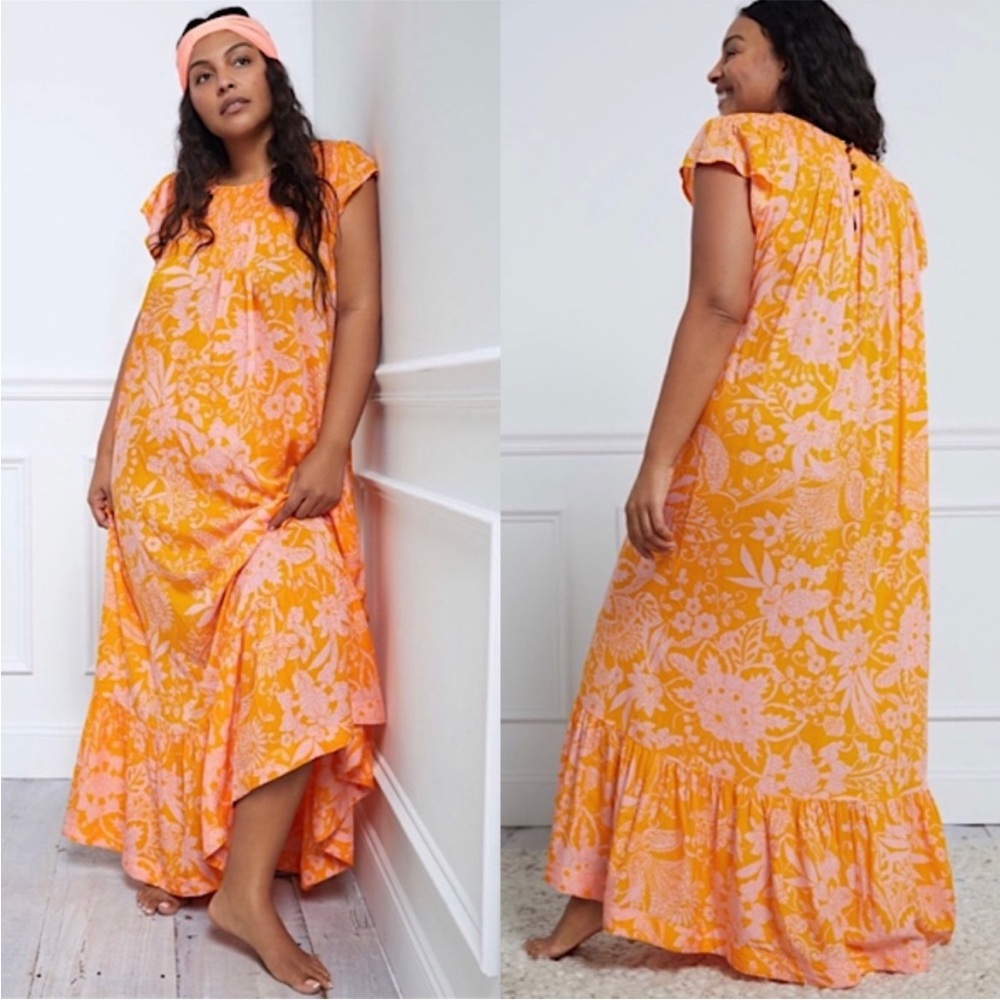 Off-Shoulder Orange and Pink Floral Maxi Dress - Picture 2 of 8